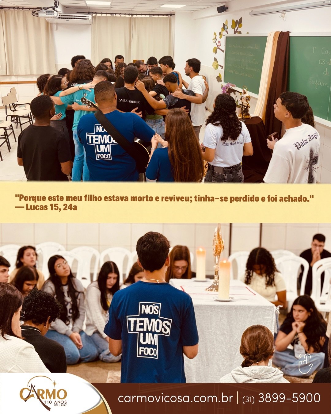 Jovens em momento de oração no CarmoJovem, com a citação de Lucas 15,24