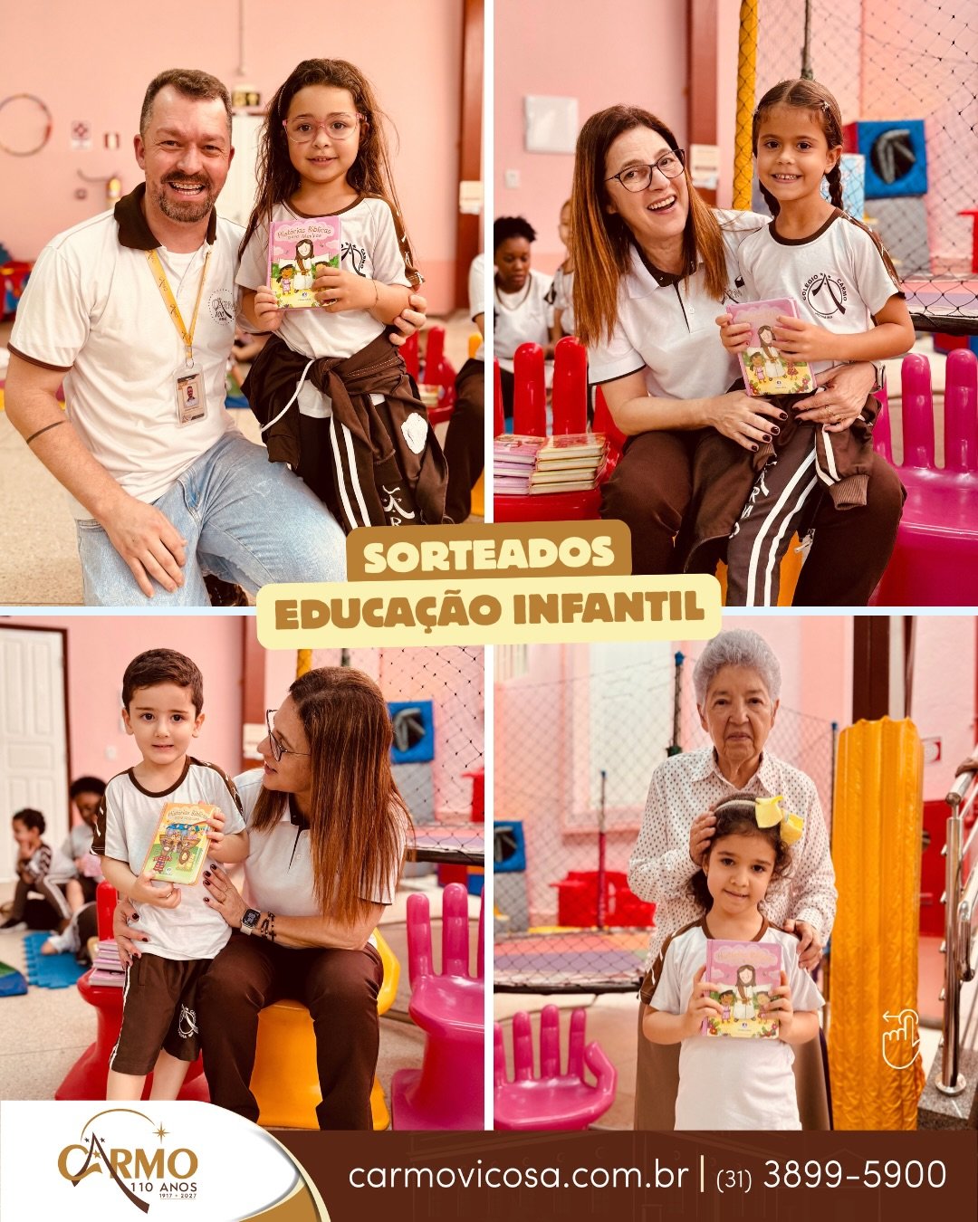 Educadores e crianças da Educação Infantil com as Bíblias sorteadas
