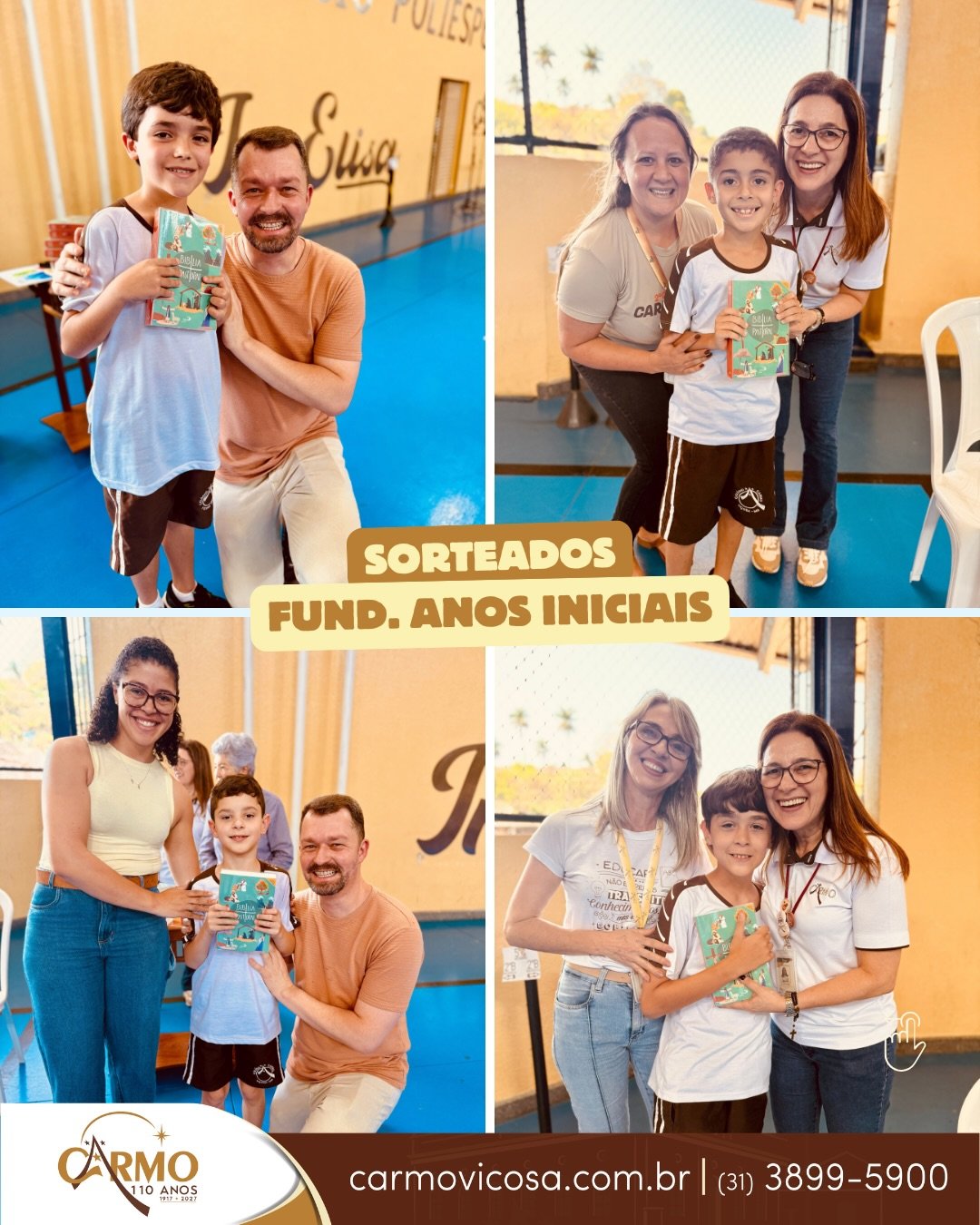 Estudantes dos Anos Iniciais sorteados posam com a Bíblia e educadores