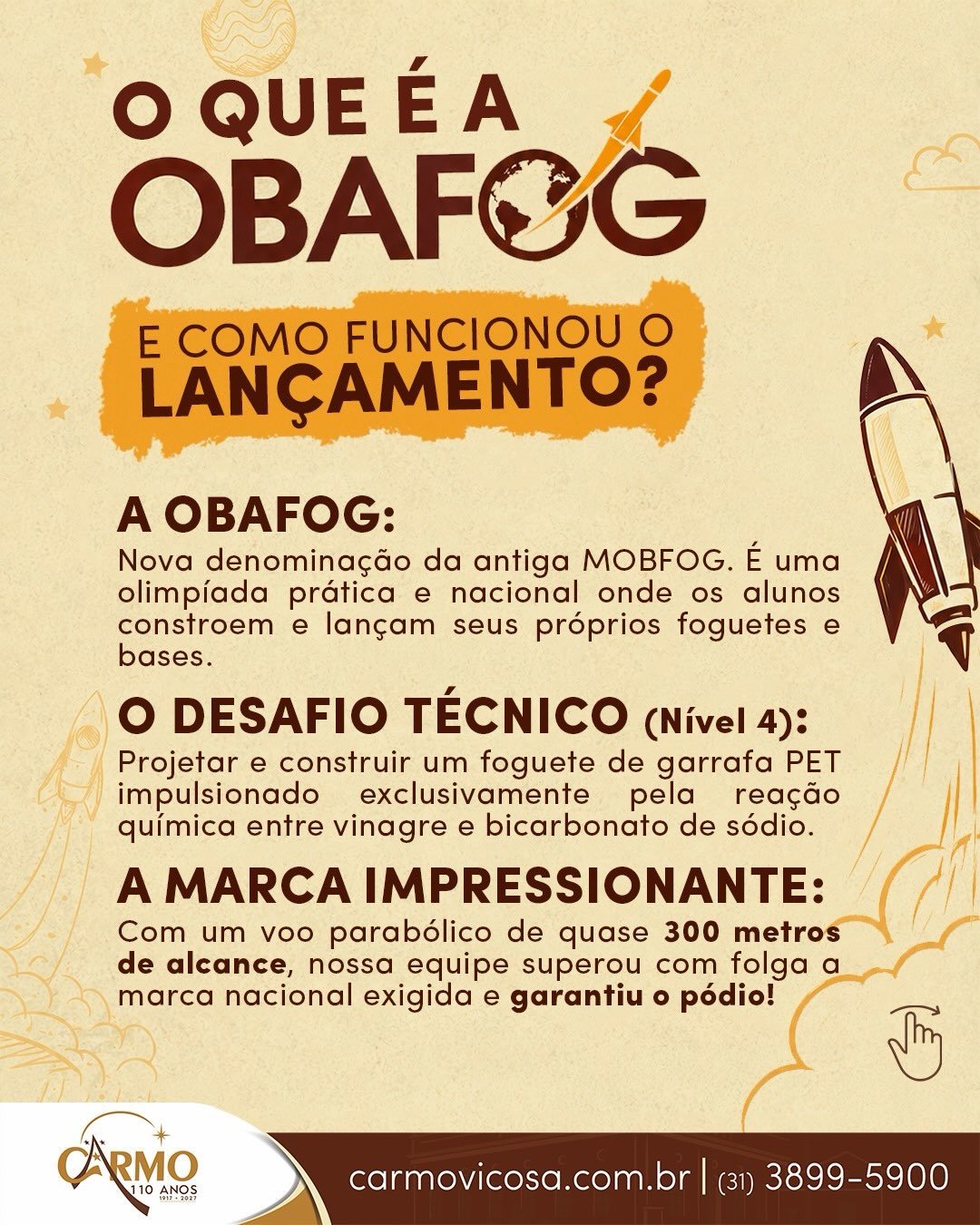 Arte explicando a OBAFOG e o desafio do Nível 4: foguete de garrafa PET impulsionado por vinagre e bicarbonato de sódio, com quase 300 metros de alcance